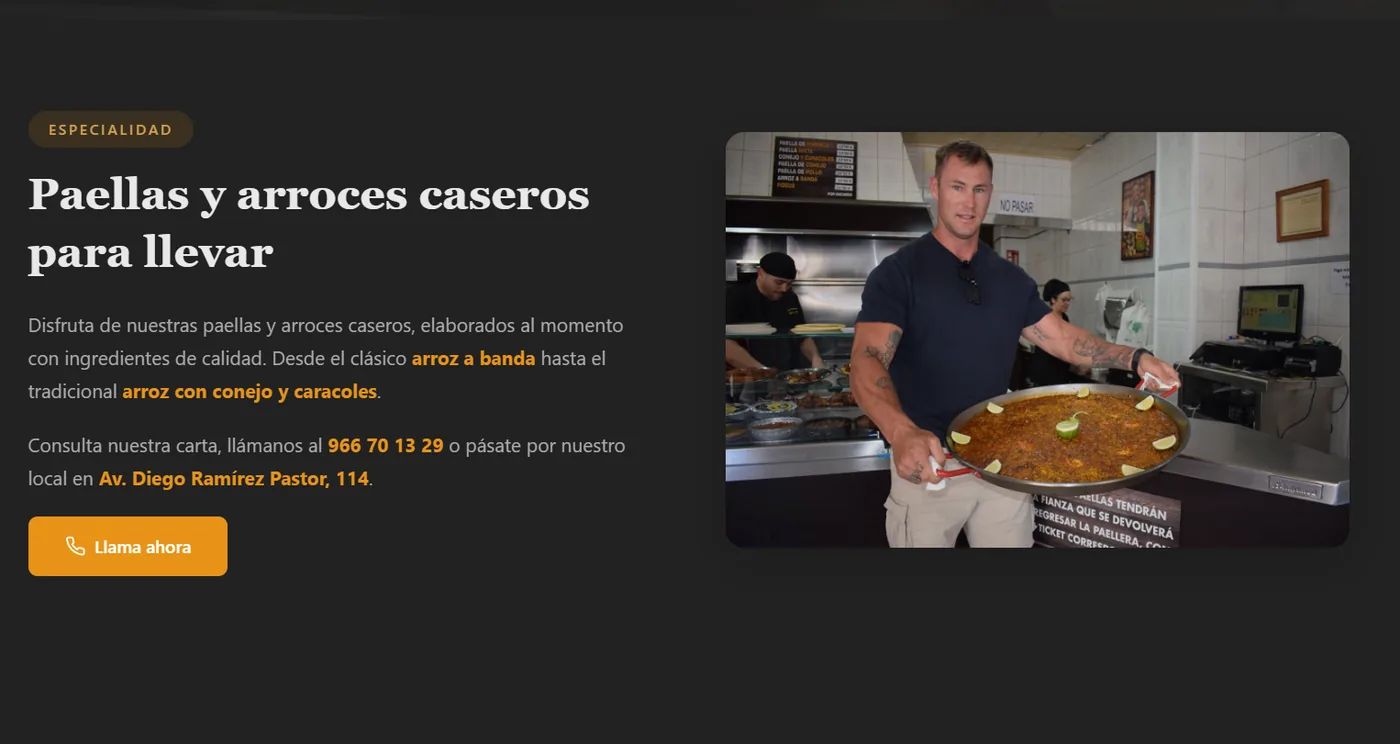 Sección de paellas y arroces de la web de Pollería Rebollo